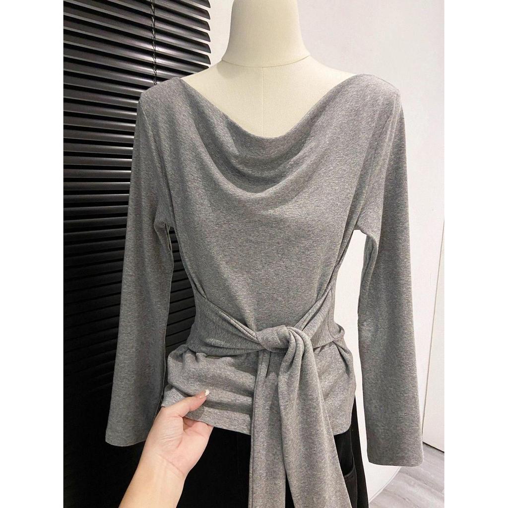 Women's French Swing Tie-Waist Long-Sleeve T-Shirt - Autumn 2026 New Arrival, High-End Slim-Fit Base Layer