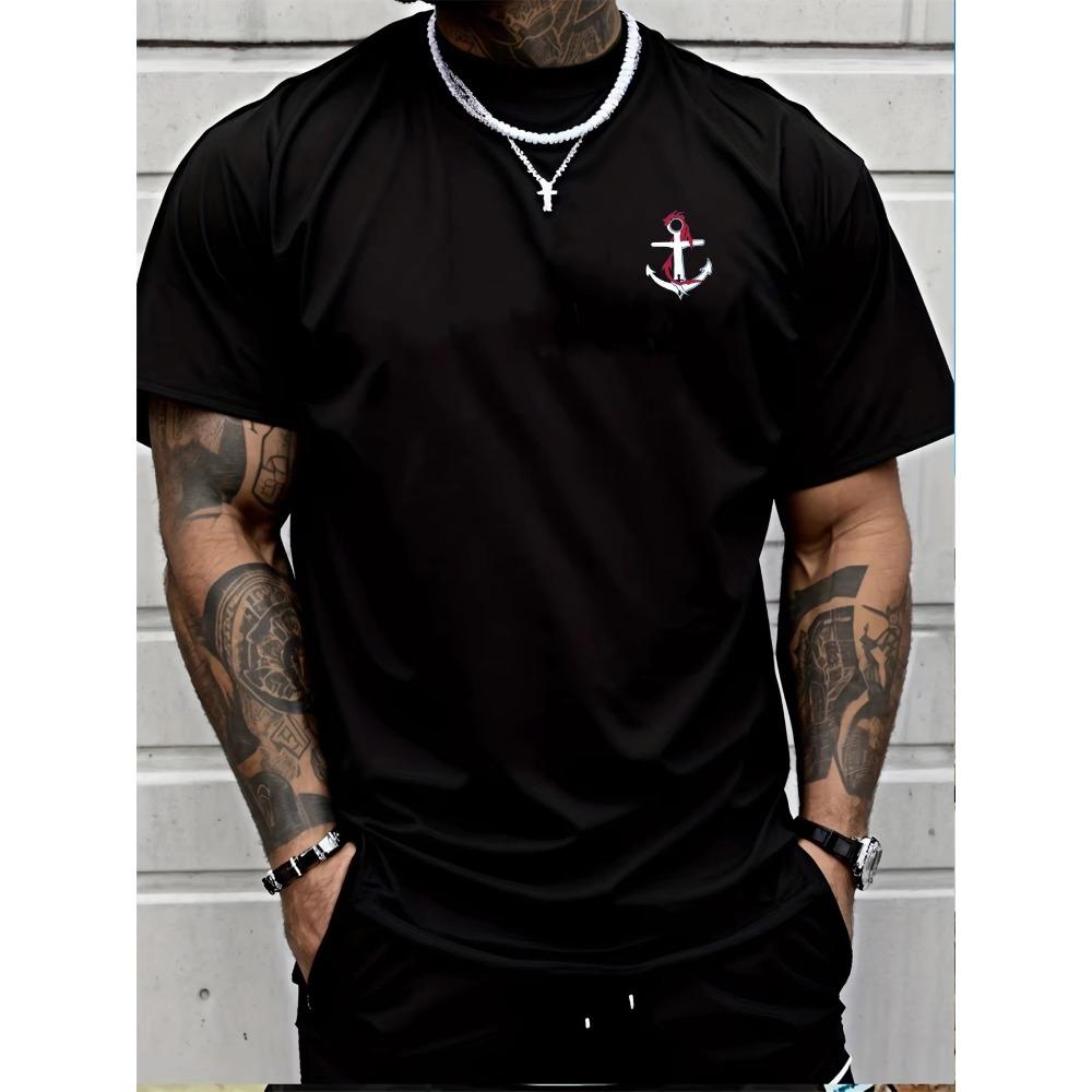 Men's Summer Cotton Fashionable Sports Dragon and Boat Anchor Pattern Printed Round Neck Short Sleeved T-shirt