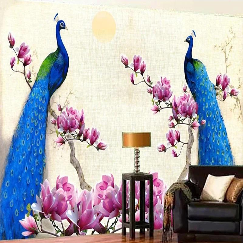 Mural Wallpaper 3d Blue Peacock Oil Painting Living Room Tv Sofa Study Home Decor Classic Wall Papers