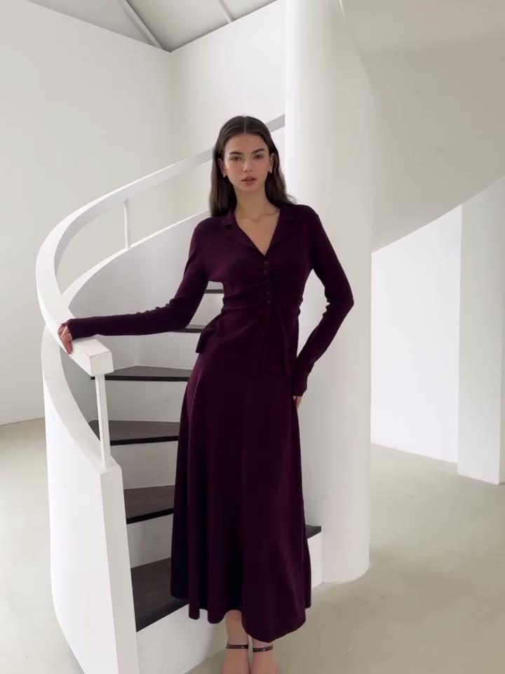 2025 Women's V-Neck Cardigan & Long Dress Set - Autumn/Winter European Style