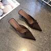 Fashion New Butterfly-knot Women Slipper 2025 Summer Pointed Toe Slip On Ladies Mules Thin Low Heel Satin Slide Sandals Zapatos Mujer
