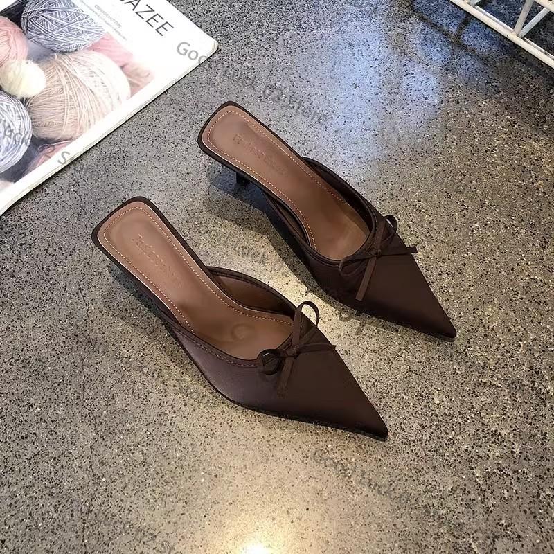 Fashion New Butterfly-knot Women Slipper 2025 Summer Pointed Toe Slip On Ladies Mules Thin Low Heel Satin Slide Sandals Zapatos Mujer