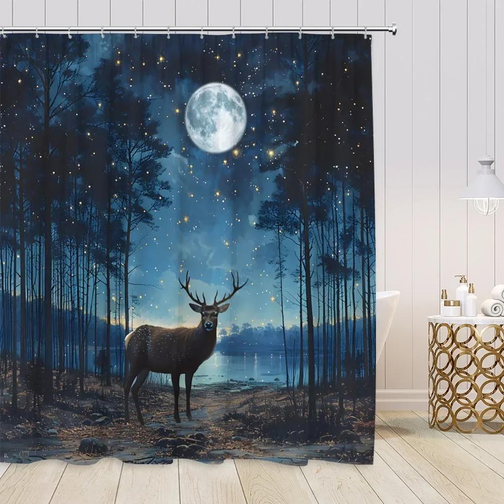Starry Sky Night Forest View Shower Curtains Animals Fantasy Night View Pine Trees Bathroom Decorations Modern Bath Curtains