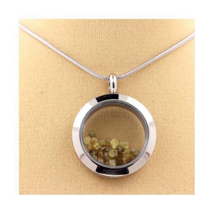Stones and Minerals. Raw Green Yellow Diamond Necklace. 30 Mm Medallion Model. Color Silver.