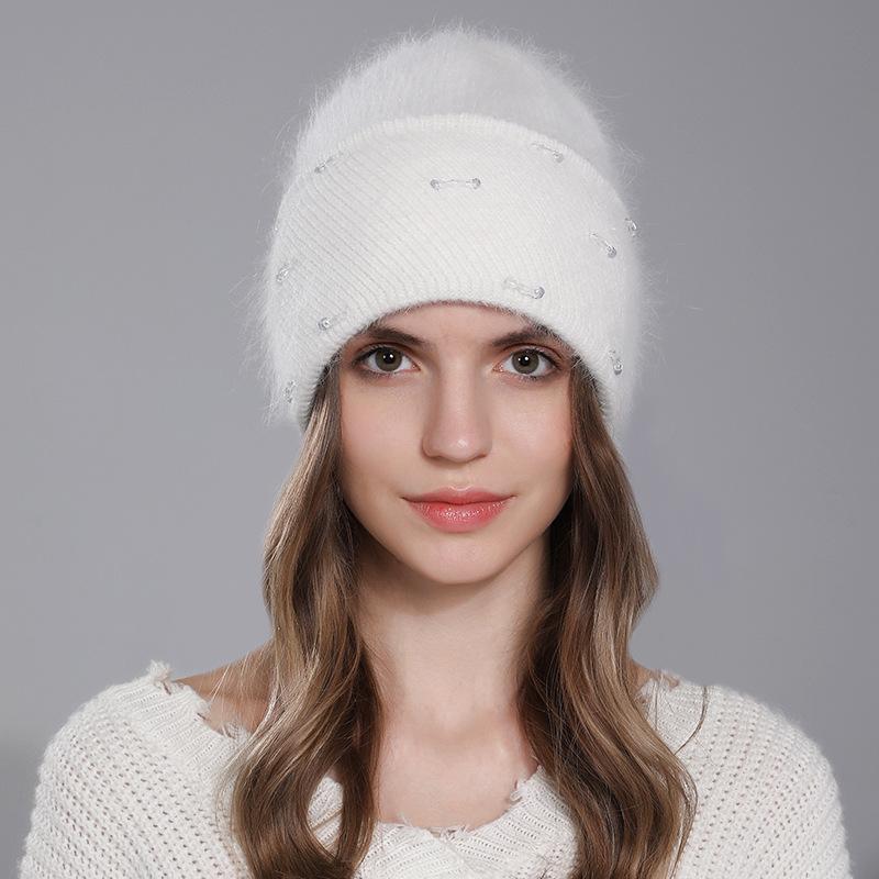 Vinter varm ull, allsidig dameklaff Dobbel foldet genser kaninhår strikket lue