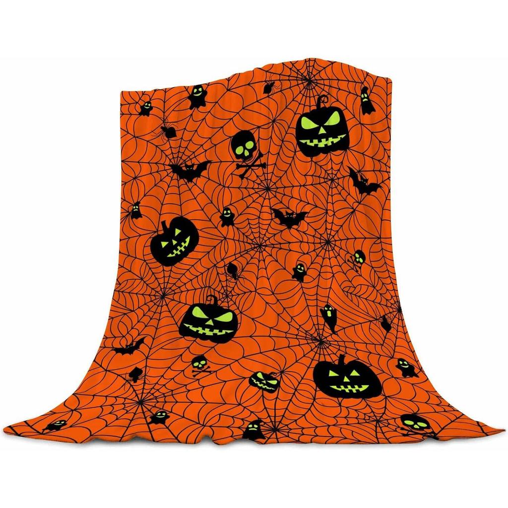 Halloween Blanket Orange Haunted Throwing Pumpkin Fun Ghost Spider Web Skull Bat Flannel Halloween Gift Throwing Bedding