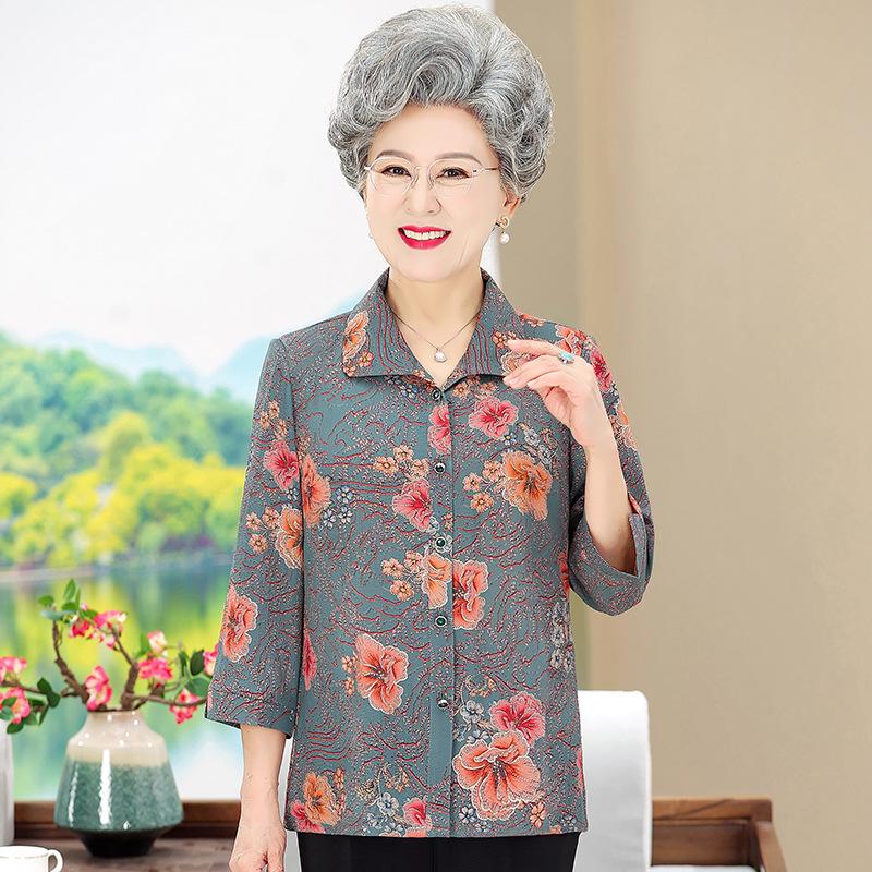 Plus Size Summer Lapel Shirt for Elderly Women, Three-Quarter Sleeves, 60-70 Year Olds
