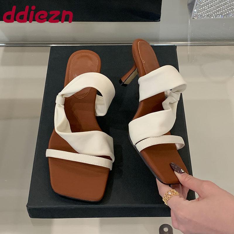 Fashion Fashion Square Toe Ladies Thin Heels Sandals Slides Shoes Summer Spring Elegant Women Heeled Sandals Shoes Female Footwear