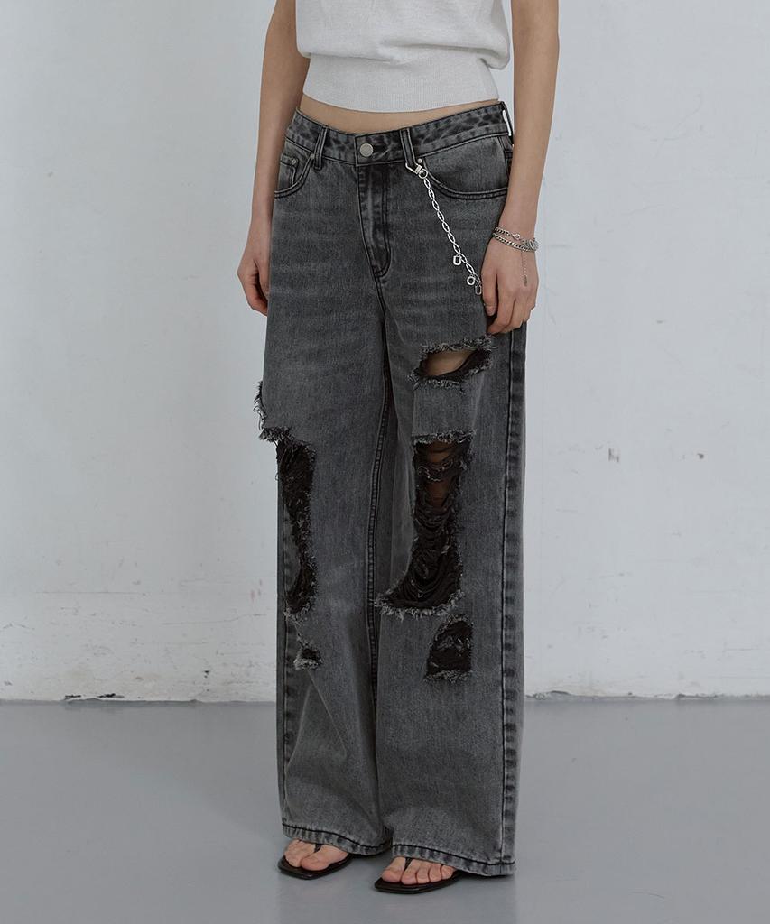 Uusoo Damaged Wide-Leg Denim Jeans_ Washed Gray