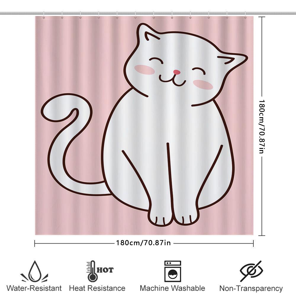White Cat Bathroom Shower Curtain With Pink Background Perfect Decoration For Your Bathtub Area (Search Keyword: White Cat Showe