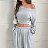 Spring Autumn Round Neck Solid Color Crop Top Women Elastic Waist Sports Sweatshirt Suit Female Sports Set