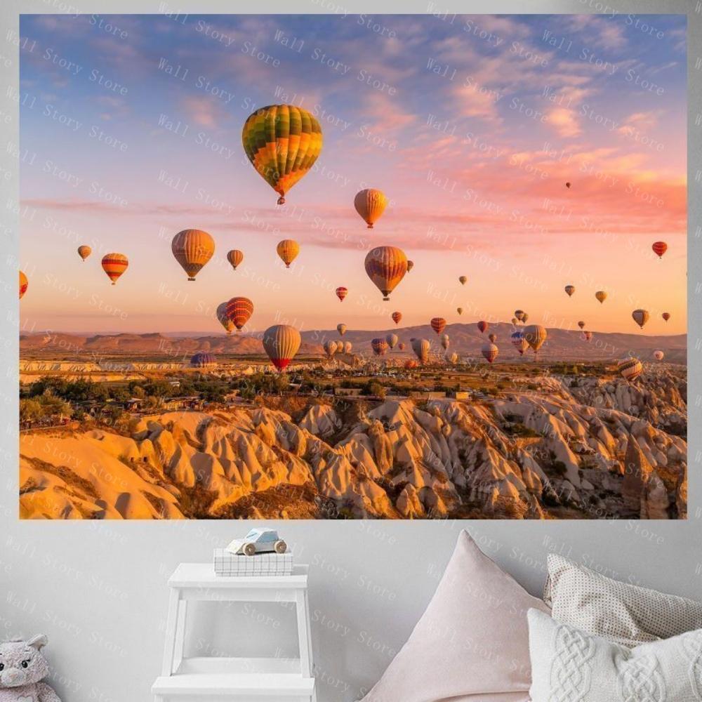 Atmosphere Turkish Landscape Hot Air Balloon Tapestry Wall Decoration Canvas Landscape Painting Background Bedroom Tapestry 100X70CM