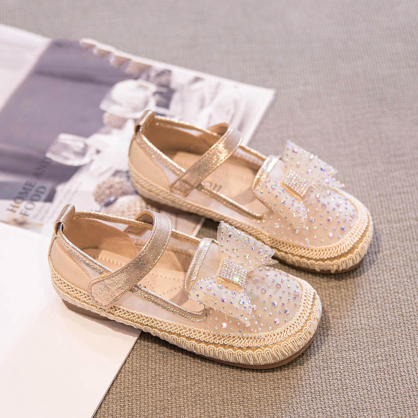 

2024 Мокасины для девочек, мягкие, на плоской подошве, повседневные, детские, модные, милые, принцесса, со стразами, универсальные, детские, на липучке 26 золотой