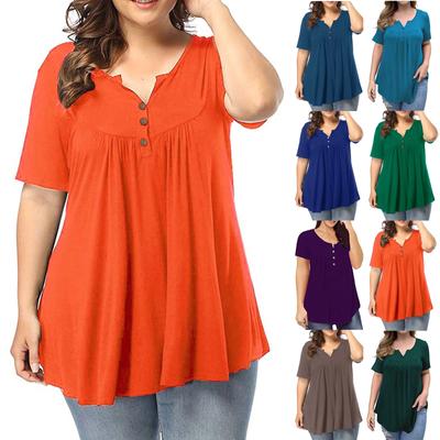 Damen Groß Schlank Locker Farbe V-Ausschnitt Kurzarm Hemd Mm T-Shirt Top
