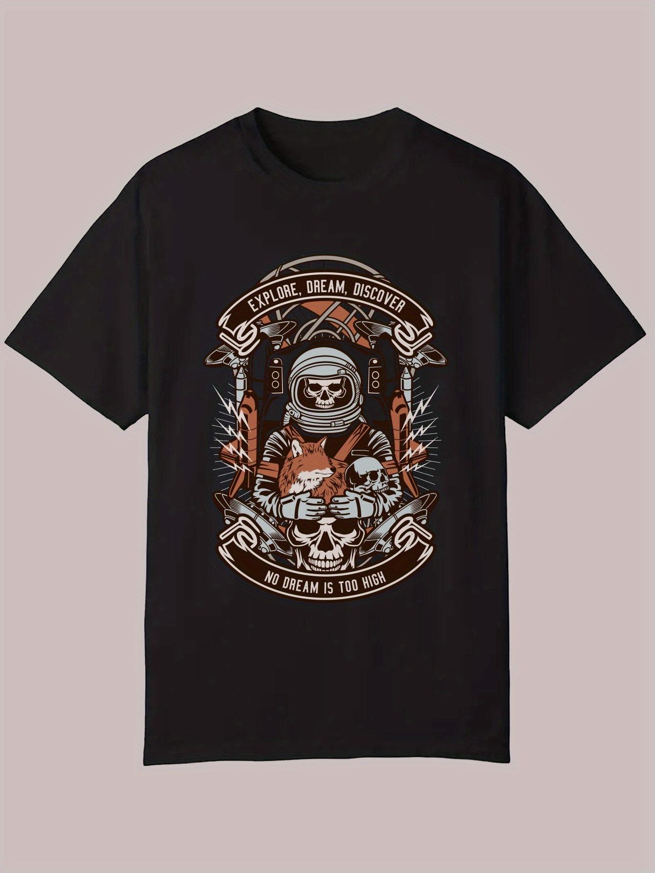 Black Graphic T-shirt - Edgy Skull & Astronaut Helmet Design with THE DREAM IS OVER Slogan S