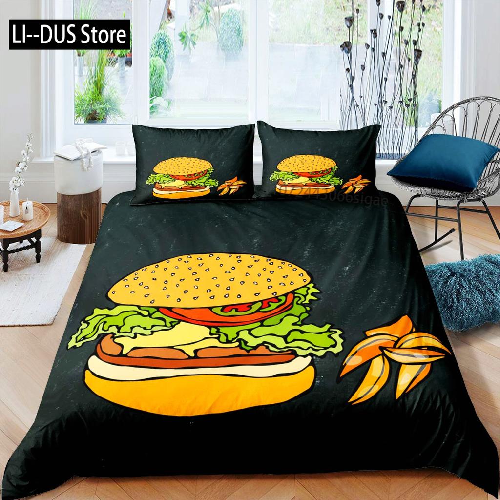 Hamburger Duvet Cover Set Meat Cheese Comforter Cover Fast Food Theme Bedding Set Cartoon Hamburg Pattern Quilt Cover For Kids