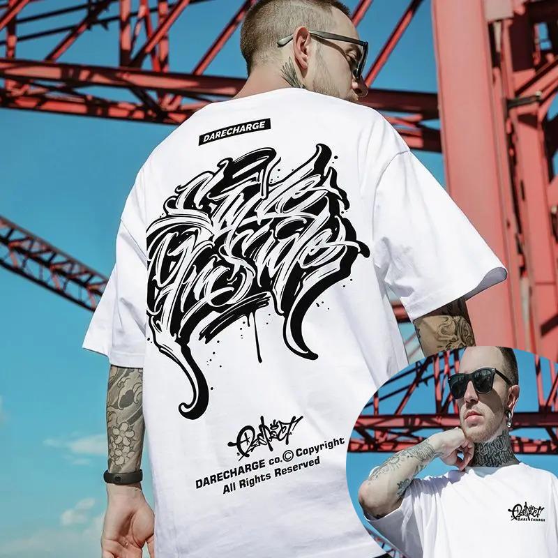 American retro round neck personalized print short sleeved men and women trendy hip-hop casual couple loose T-shirt top harajuku