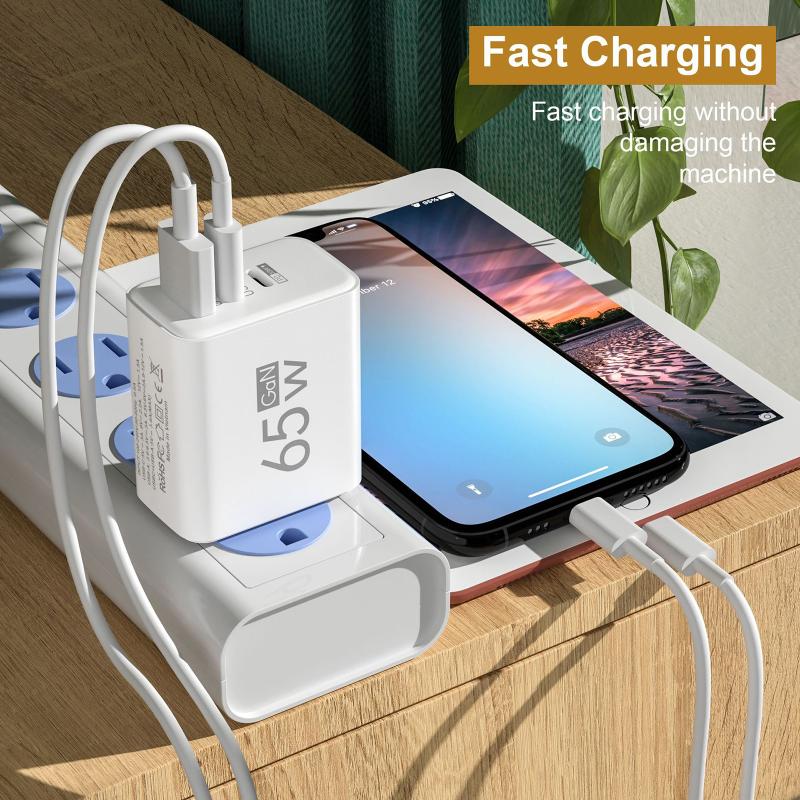 65W GaN Reise-Ladegerät EU-Stecker Dual USB C + USB A Port Schnelllade-Wandadapter Kompaktes Ladegerät für Telefon Laptop Tablet