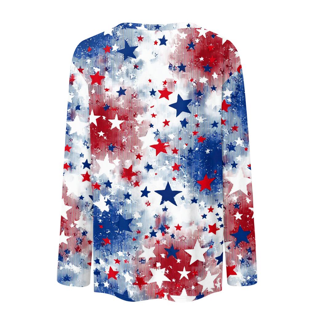 Women's Fashionable Casual Long-Sleeved Independence Day Print Neck Top