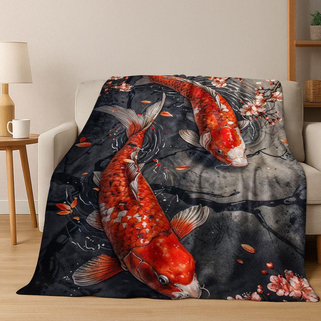 Luxuriöse Glückskarpfen Yin Yang Karpfen Cartoon Flanell Decke, Gemütliche Weiche Überwurfdecke für Zuhause Schlafzimmer Bett Sofa Abdeckung Geschenk Kind