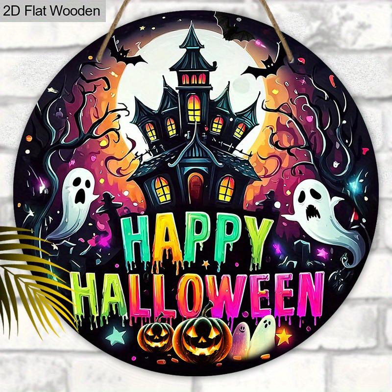 Happy Halloween Wooden Sign with Horror Castle Pattern - Figurine Ornaments with Pumpkin & Ghost Pattern - Ideal for Front Door, Yard, Porch Decor