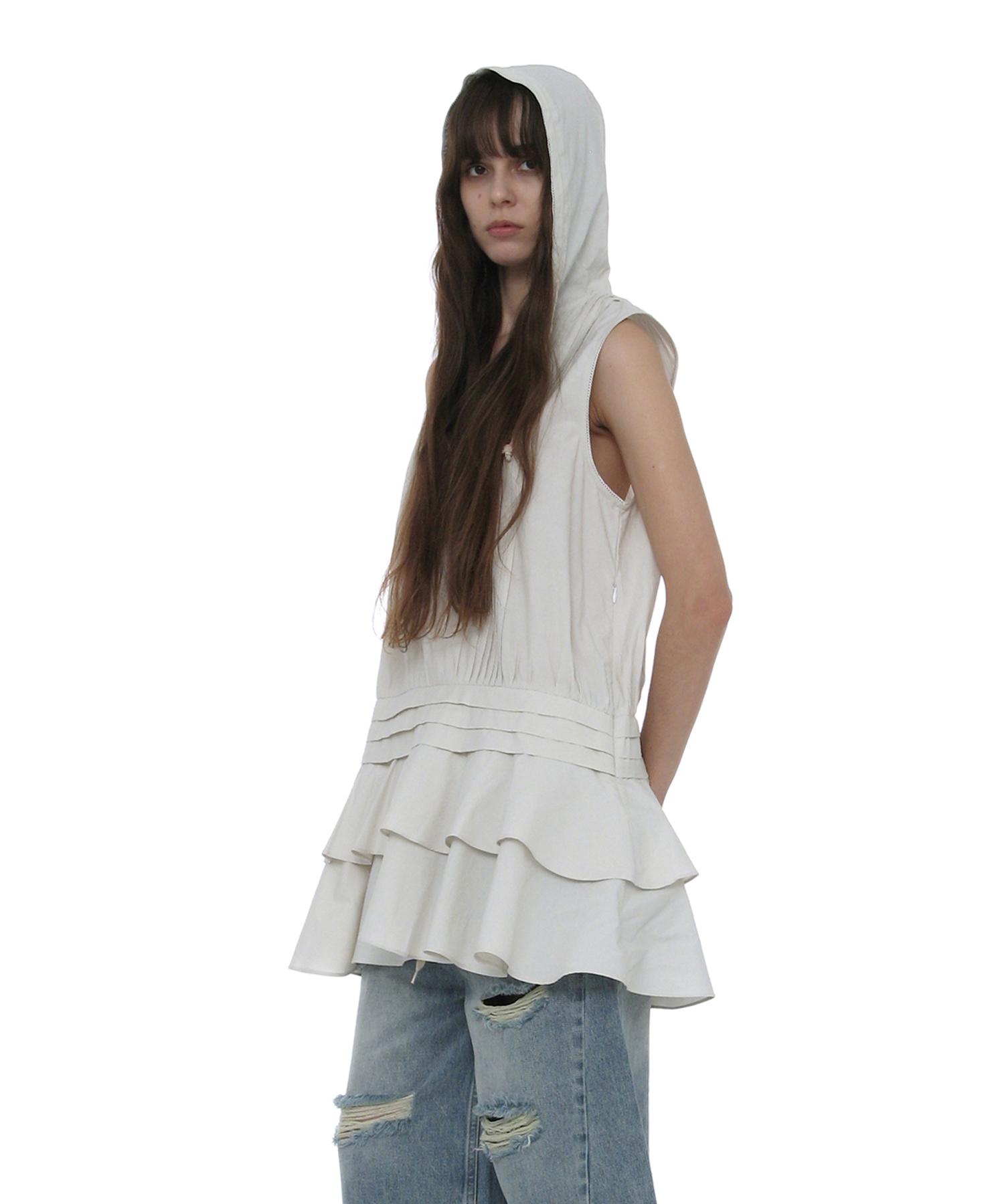 Partimento Woman Hooded Ruffle-Hem Tunic Dress_Ecru