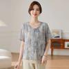 Women's Light Gray Line Print Short-Sleeve Chiffon Blouse Loose Casual Office Top