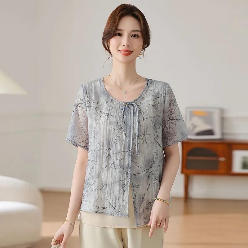 Women's Light Gray Line Print Short-Sleeve Chiffon Blouse Loose Casual Office Top