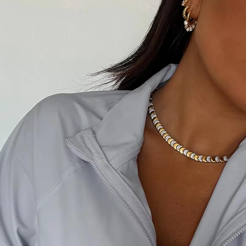 2024 Hot Selling New Arrived Trendy Women Jewelry Micro Paved CZ Plain Moon Shaped Choker Necklace Bracelet Set