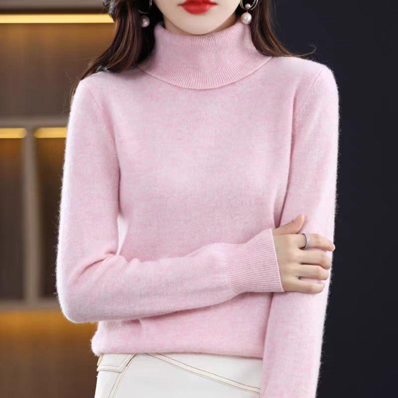 Turtleneck Cashmere Sweater for Women's Spring Autumn and Winter Casual Long-sleeved Pullover Solid-color Knitted Sweater and Slim Lapel Top