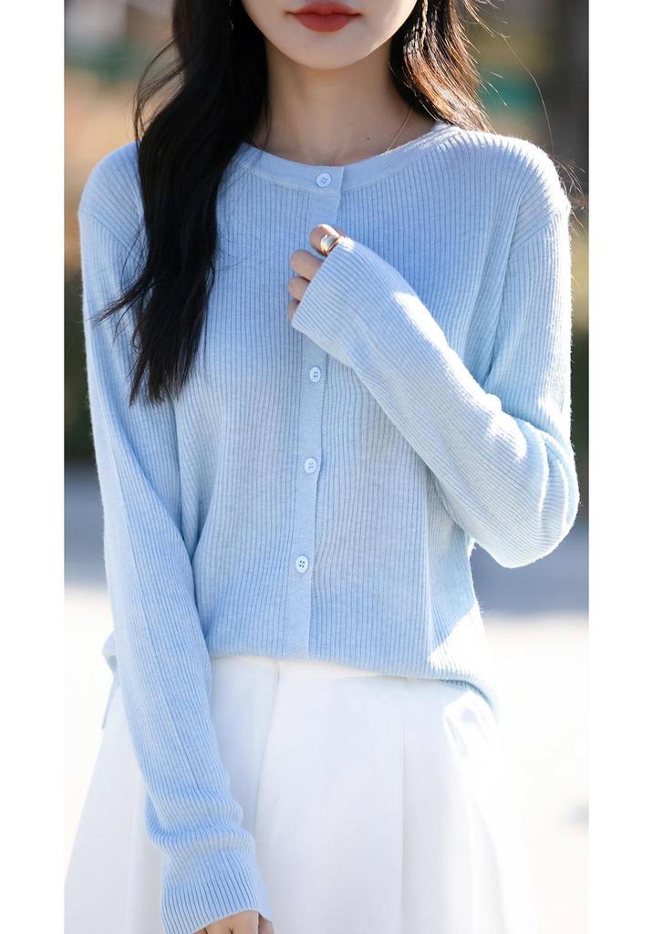 Women's Korean Style Loose Wool Cardigan - Round Neck, Long Sleeve, Spring Outerwear