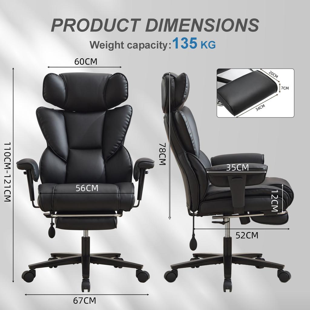 Office Chair with Foot Rest and Waist Lumbar Support, Gaming Chair with Adjustable Height Headrest, High-Back Leather Reclining Chair, Black