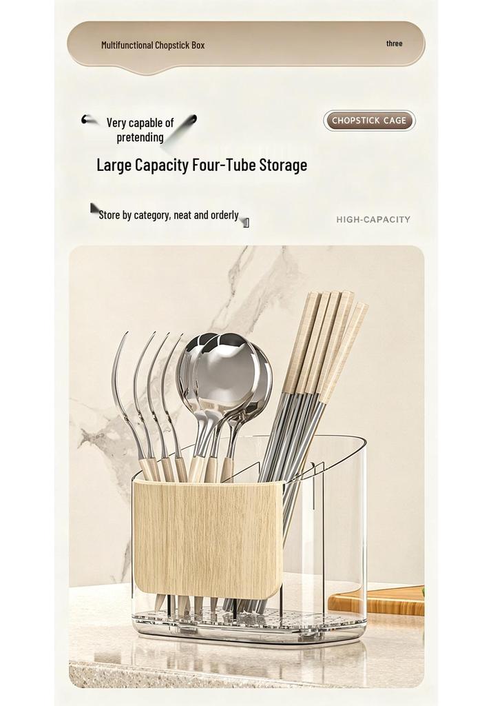 Bamboo Wood Grain Chopstick Holder with Draining Rack