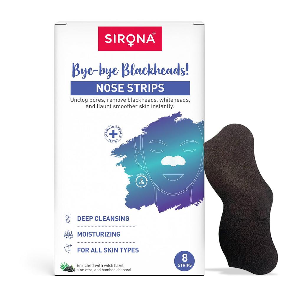 Sirona Bamboo Charcoal Blackheads Remover Nose Strips for Women - Pack of 8 | Painless & Instant Removal of Whiteheads, Blackheads, Pore Cleanser