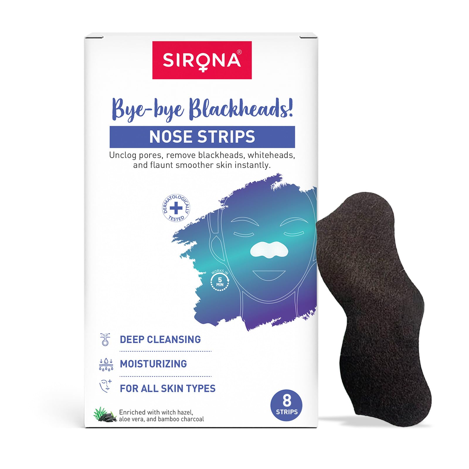 

Sirona Черные полоски для удаления черных точек с бамбуковым углем для женщин - Упаковка 8 шт. | Безболезненное и мгновенное удаление белых угрей, черных точек, очиститель пор