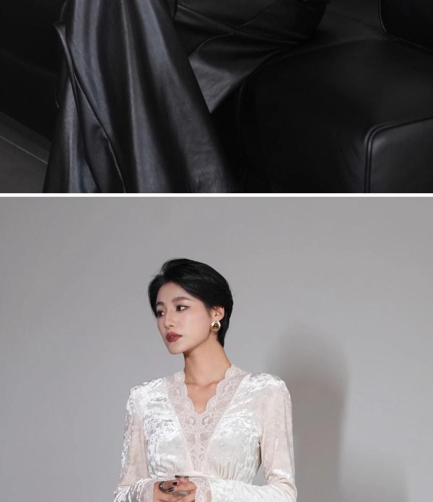 Women's V-Neck Lace Trim Layered Top - Autumn, Spring, Winter - Faux Fur & Velvet, Elegant & Unique.