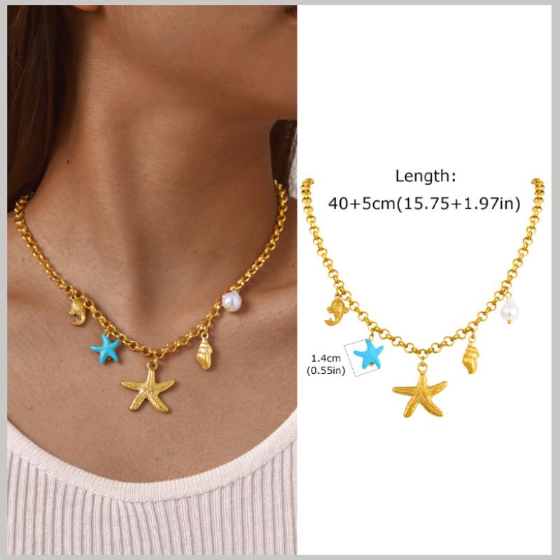 18k Gold Plated Pearl Shell Conch Starfish Summer Beach Necklace, Charms Necklace for Women,Stainless Steel Waterproof Jewelry