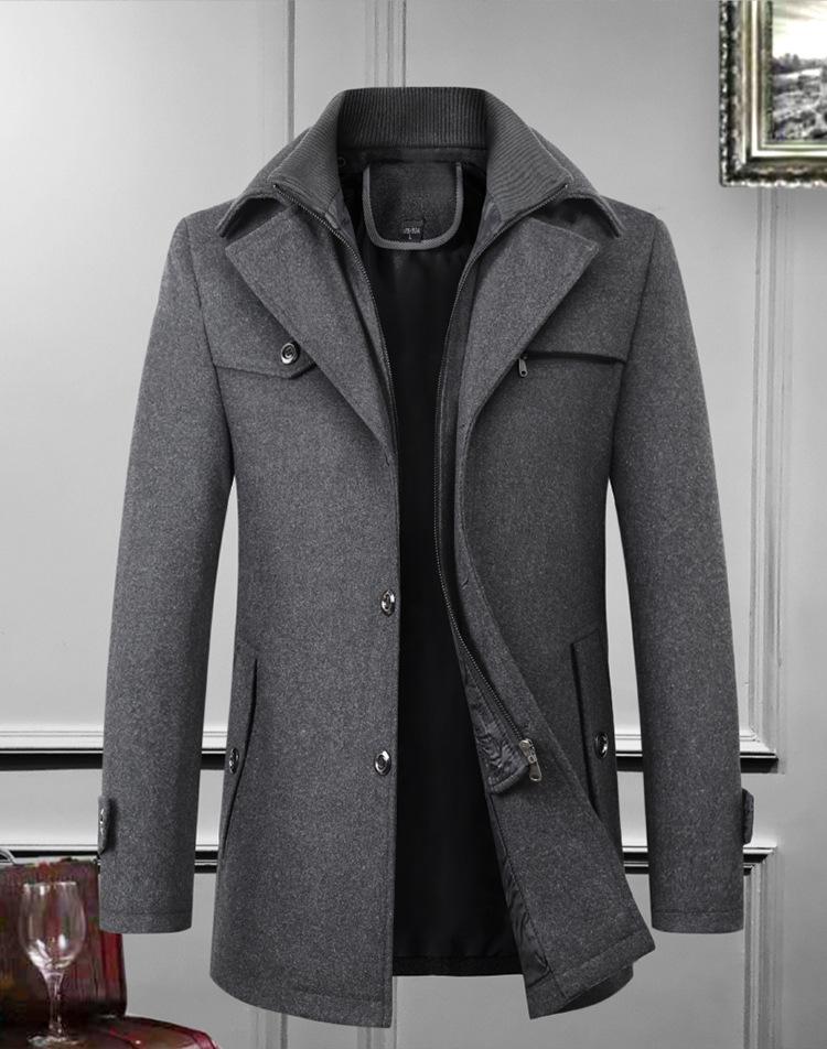 Men's European & American Casual Wool Overcoat - Iron-Free, Solid Color, Fall Wear for Middle-Aged & Elderly with Lapel