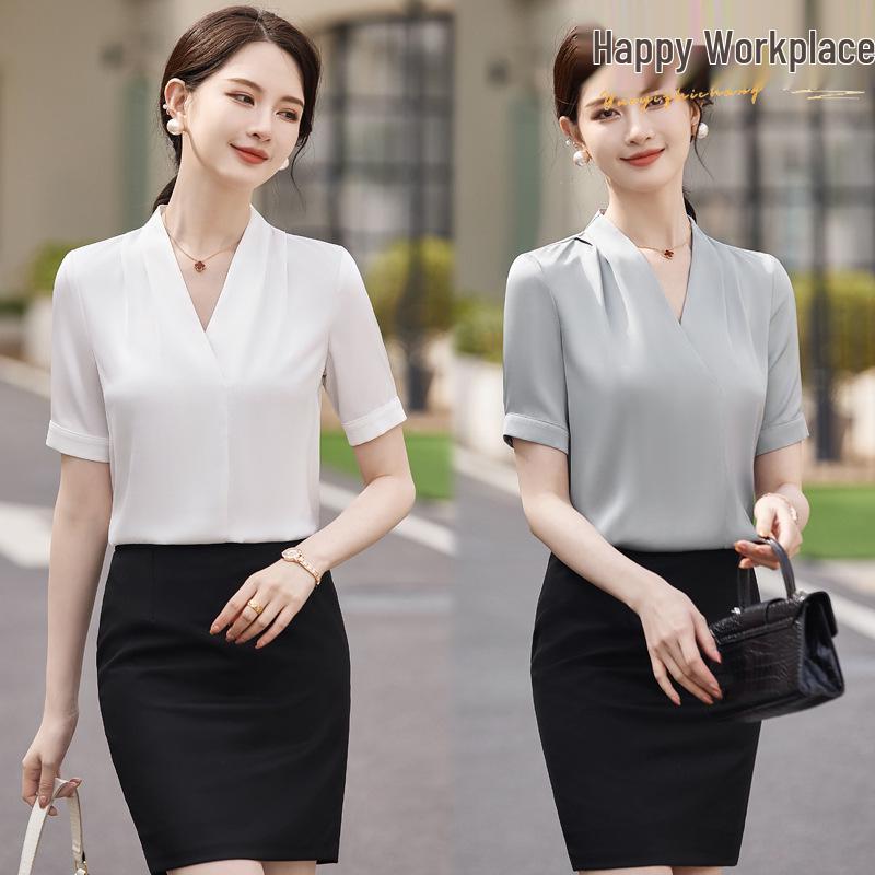 

White Women s V-Neck Short Sleeve Shirt - Summer Professional Wear for a Goddess Style S