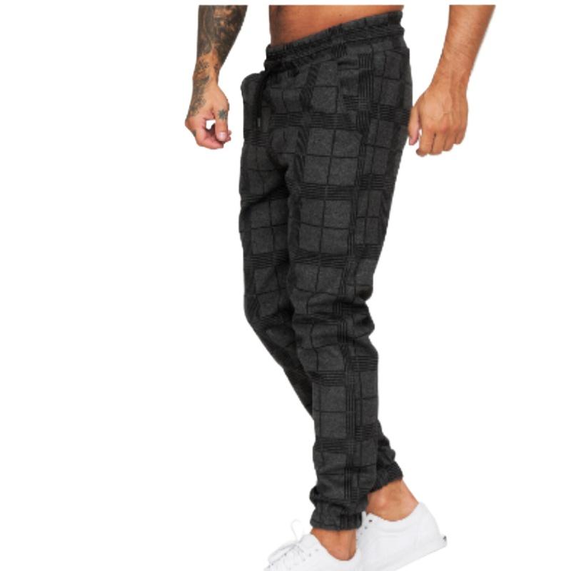 Męskie spodnie casual w kratę z nadrukiem cyfrowym, spodnie fitness ze ściągaczem
