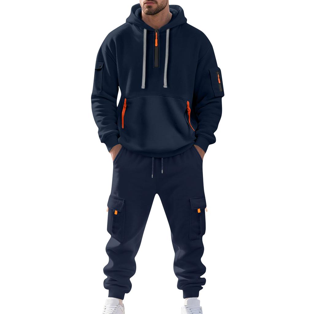 Men's Solid Color Casual Suit Loose Sports Hooded Sweatshirt With Pockets Multi Pocket Overalls Suit