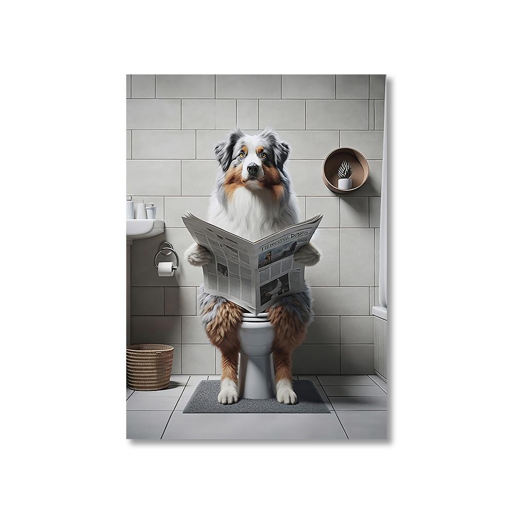 1PC Unframed Funny Pet Dog in Toilet Reading Newspaper Play Canvas Painting Animal Pictures Wall Art for Home Bathroom Decor