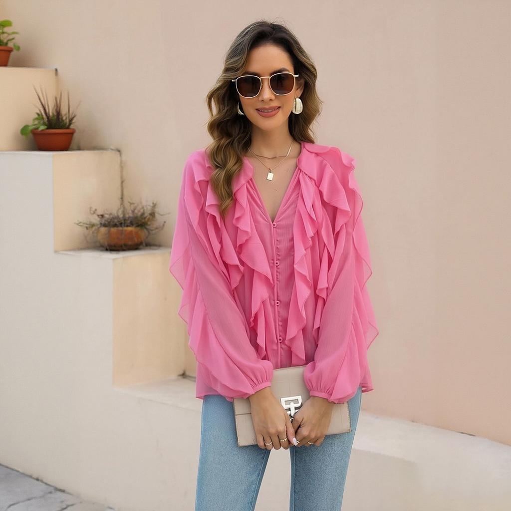 Women's V Neck Long Sleeve Blouse with Layered Ruffle Decoration Button Front Loose Fit Fashion Shirt Top for Casual Office Wear