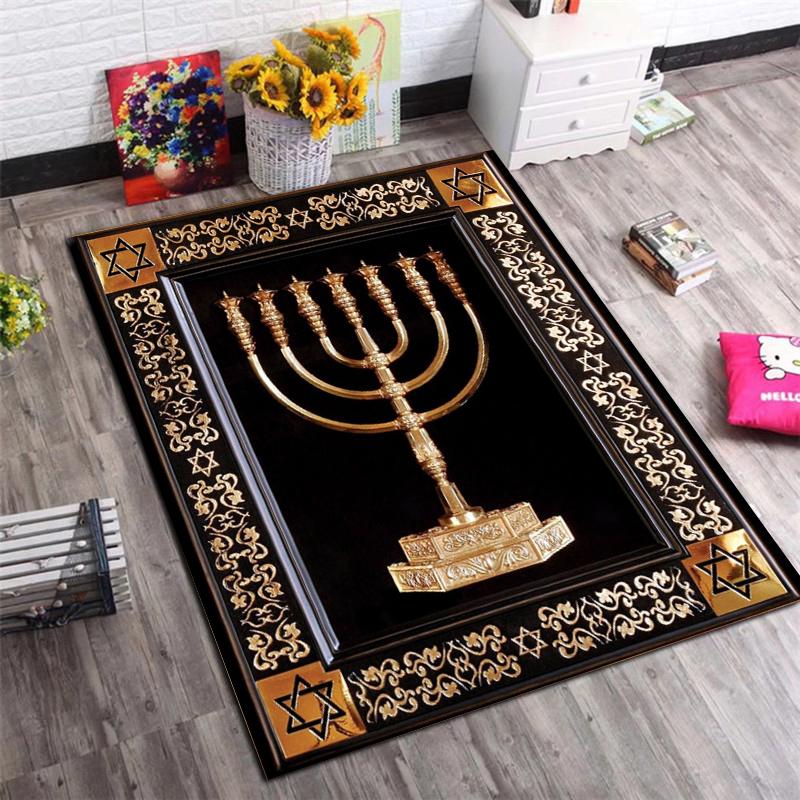 Golden Menorah Star David Vintage Floral Frame Black Background Anti-slip Area Rug Living Room Bedroom Religious Holiday Decor Floor Mat