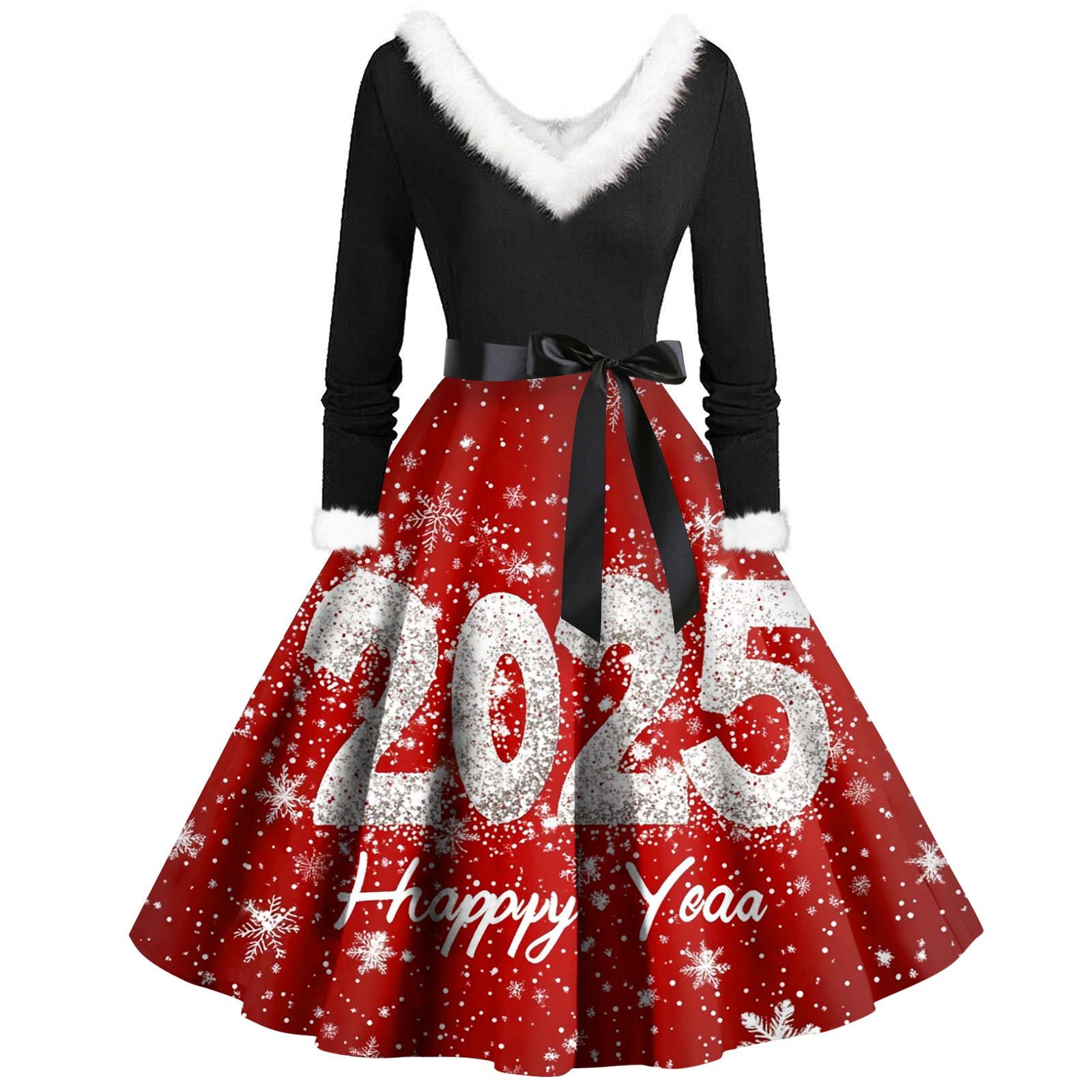 

Жіночі повсякденні модні плюшеві різдвяні сукні з V-подібним вирізом і принтом Сукні XL червоний