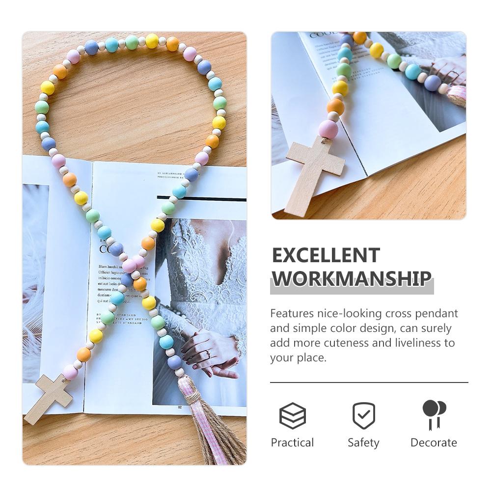 Easter Wooden Beaded Garland with Tassels and Cross Pendant Lightweight Linen Rope String Decoration for Wall Door Shelf