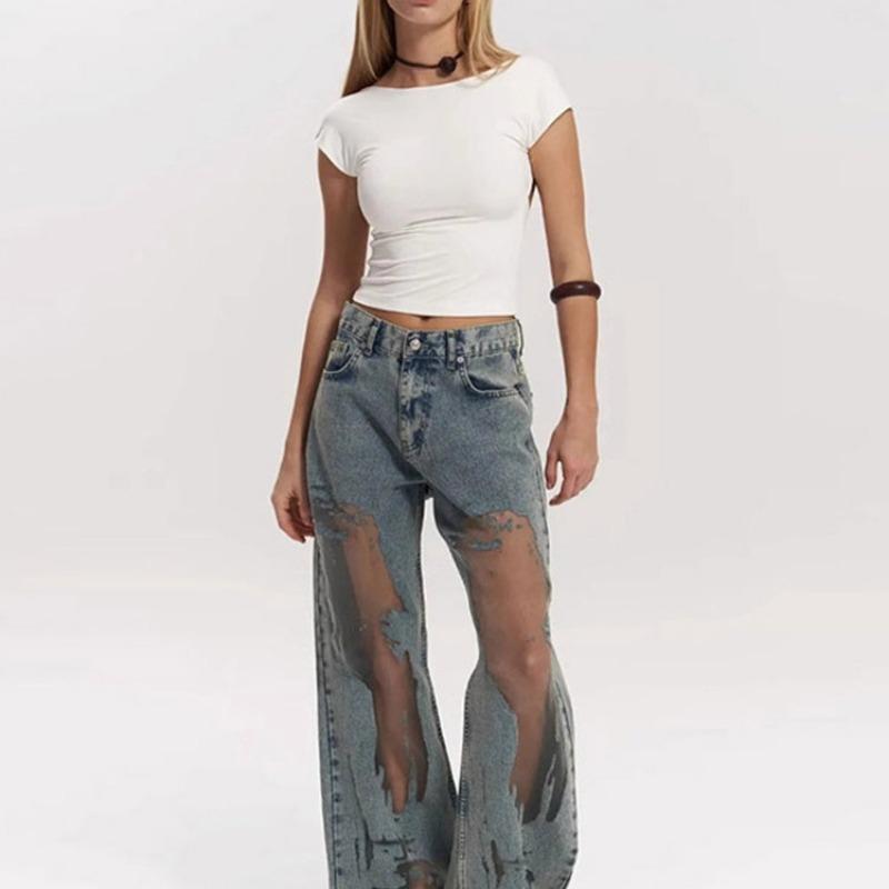 Damen Y2k Amerikanischer Stil Ausgeschnitten Patchwork Locker Gerade Jeans Lang Hosen