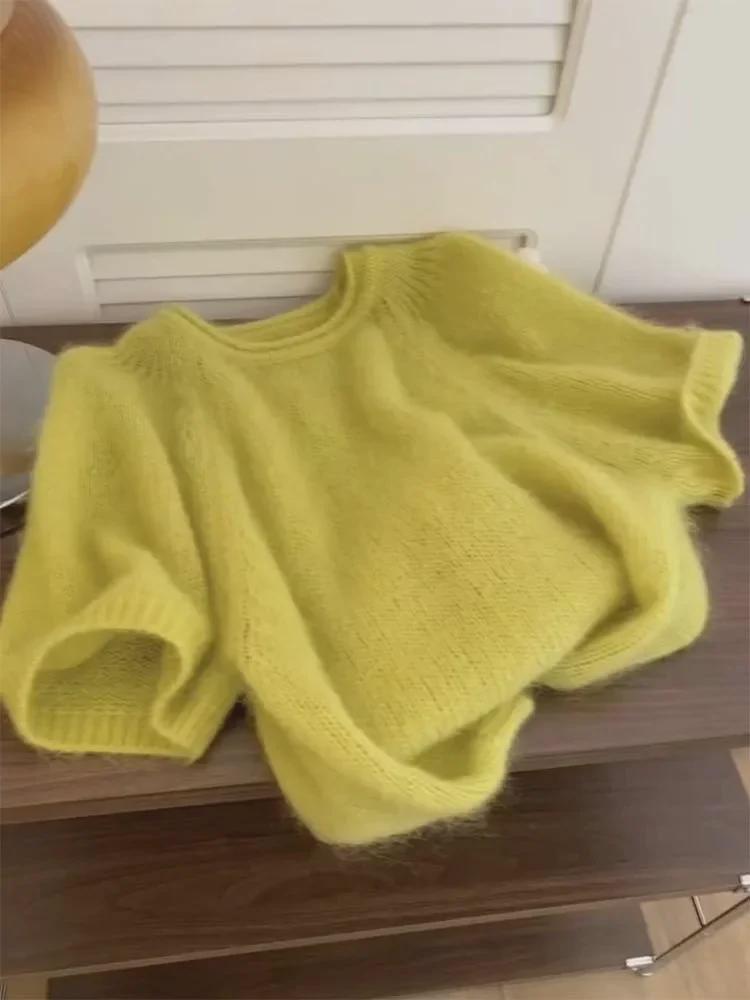 

Літній гірчично-жовтий мохеровий светр з короткими рукавами 2024 року - жіночий в язаний топ вільного крою L жовтий