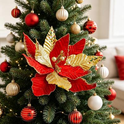 Christmas Artificial Flower Decorations: Gold, Red & Green Ornaments for Trees & Branches