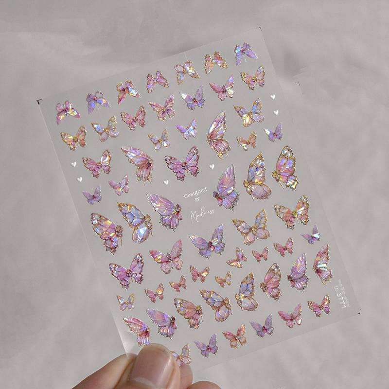 2Pcs Kawaii Butterfly Nail Stickers Luxury Glitter Shell Aurora Nail Artdecorations Decals Diy Manicure Slider Foil